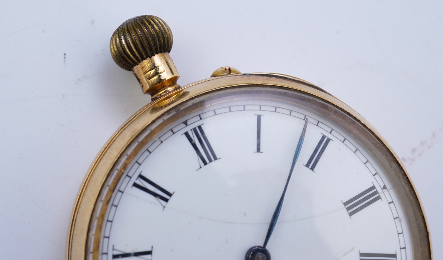 A late Victorian 18ct gold open faced keyless fob watch, by Kemp Brothers